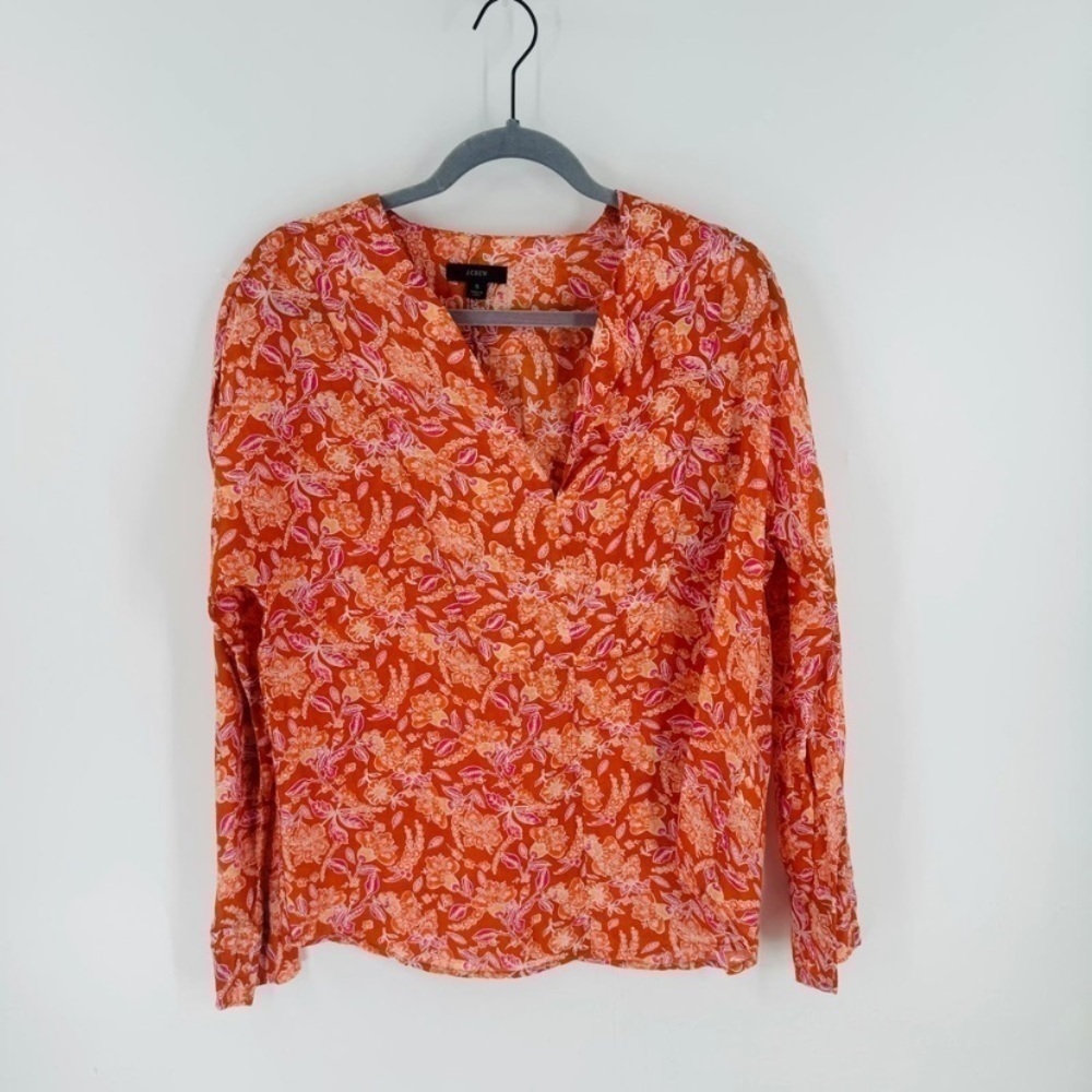 J.Crew Orange Floral Tunic Top Size S Boho Lightweight Long Sleeve - Picture 2 of 9